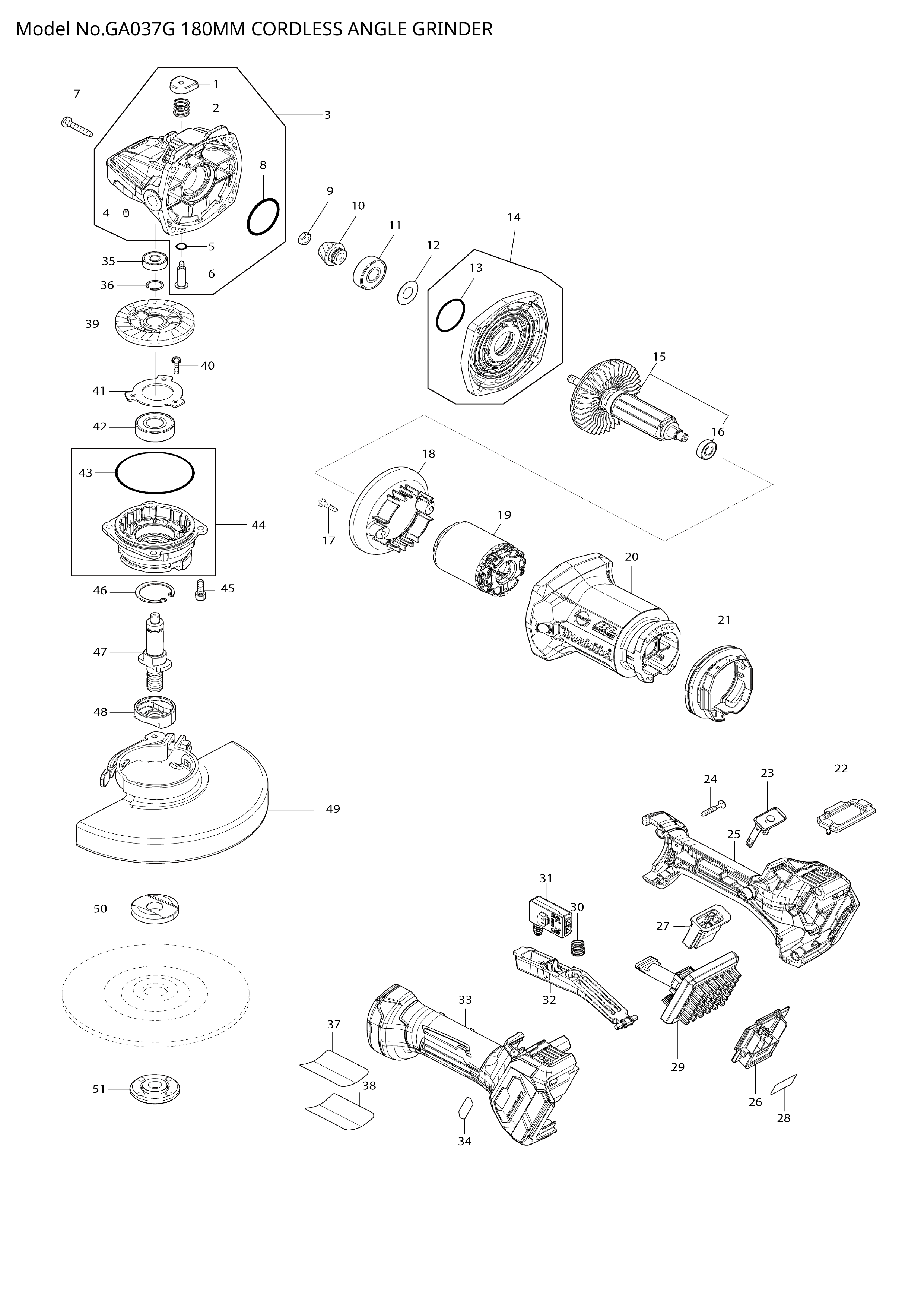 Makita GA037G — сборочный чертёж, лист 1, деталь 620E23-8 поз. 029