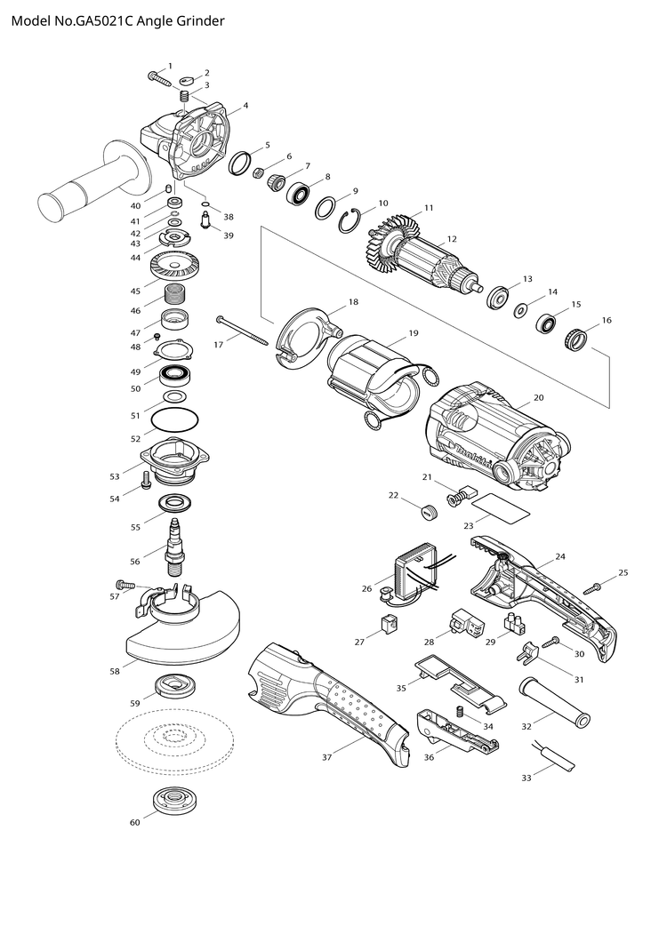 Makita GA5021C — сборочный чертёж, лист 1, деталь 513729-4 поз. 012