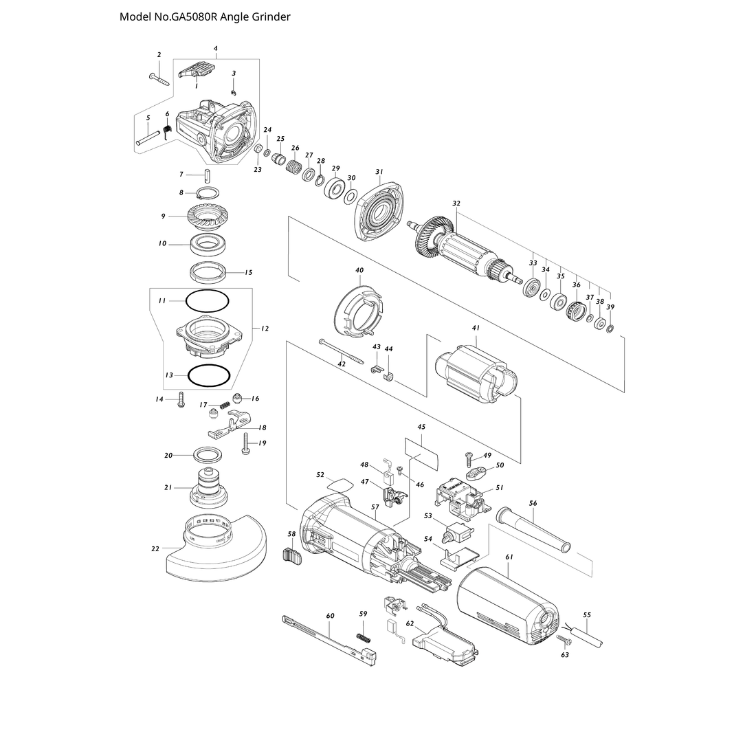 Makita GA5080R — сборочный чертёж, лист 1, деталь 136441-5 поз. 004