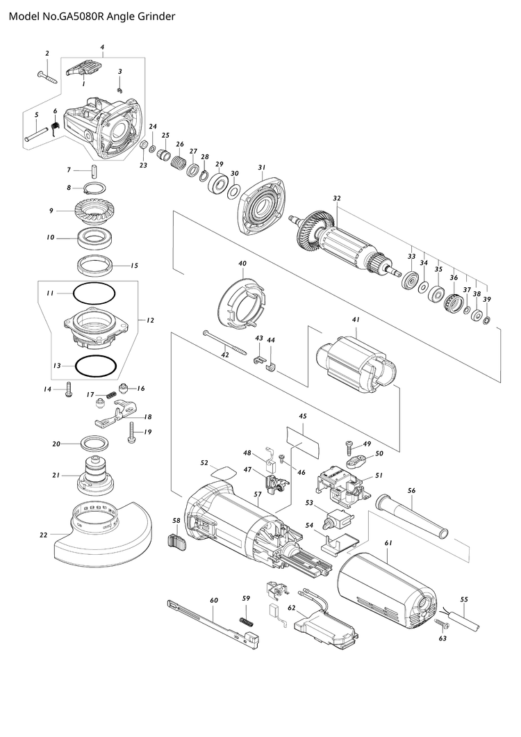 Makita GA5080R — сборочный чертёж, лист 1, деталь 136441-5 поз. 004
