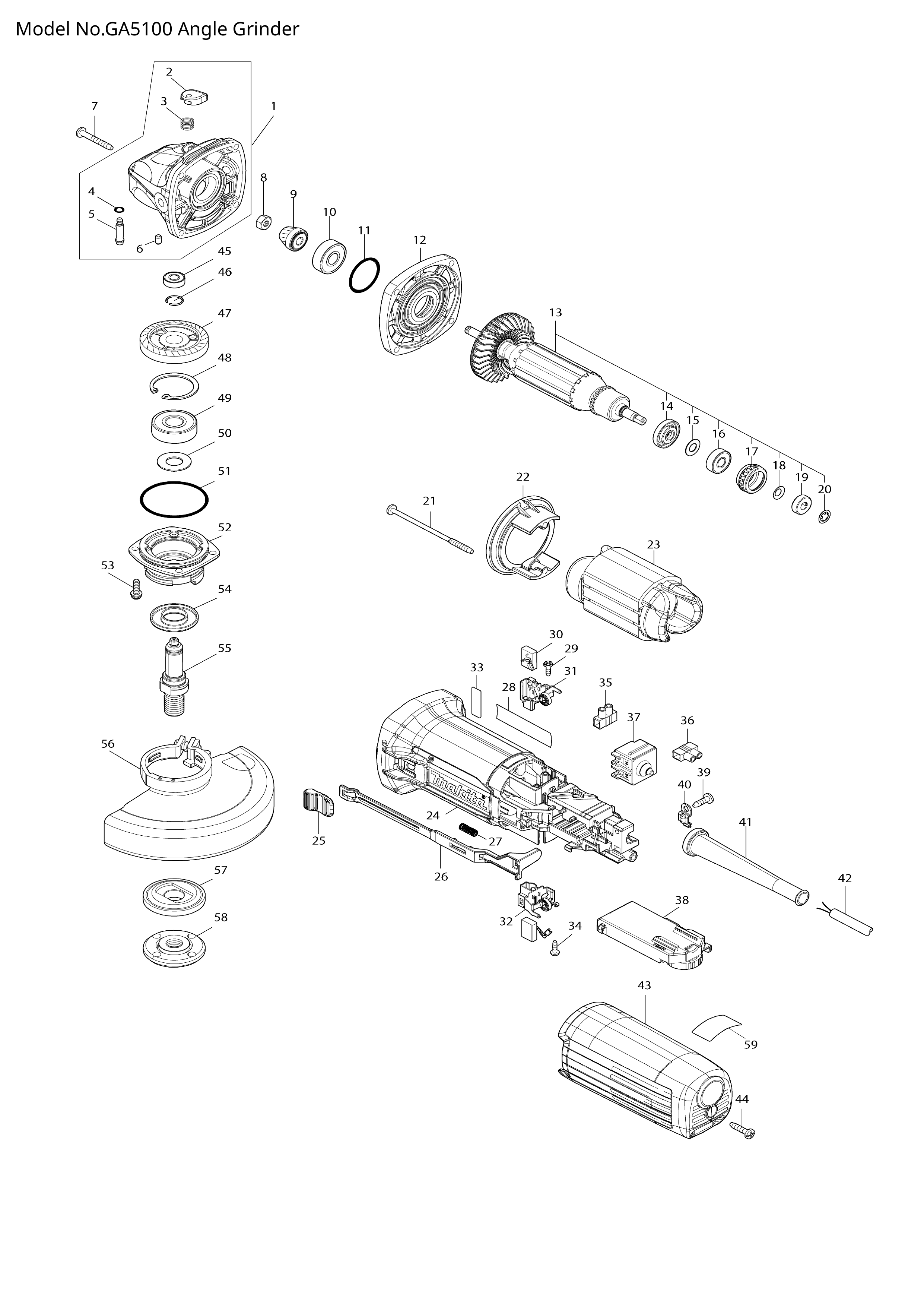 Makita GA5100 — сборочный чертёж, лист 1, деталь 620M12-1 поз. 038