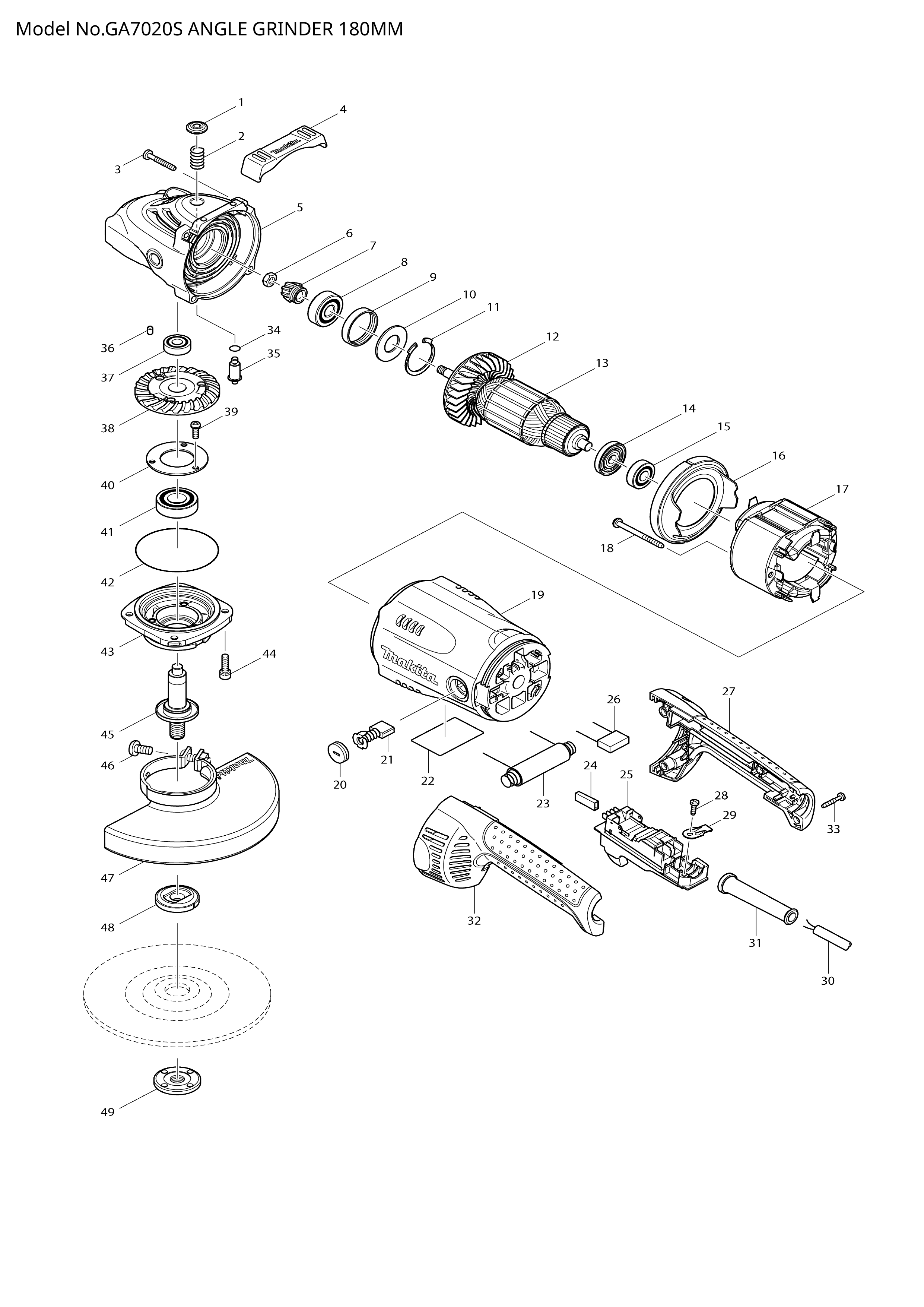 Makita GA7020S — сборочный чертёж, лист 1, деталь 516943-1 поз. 013