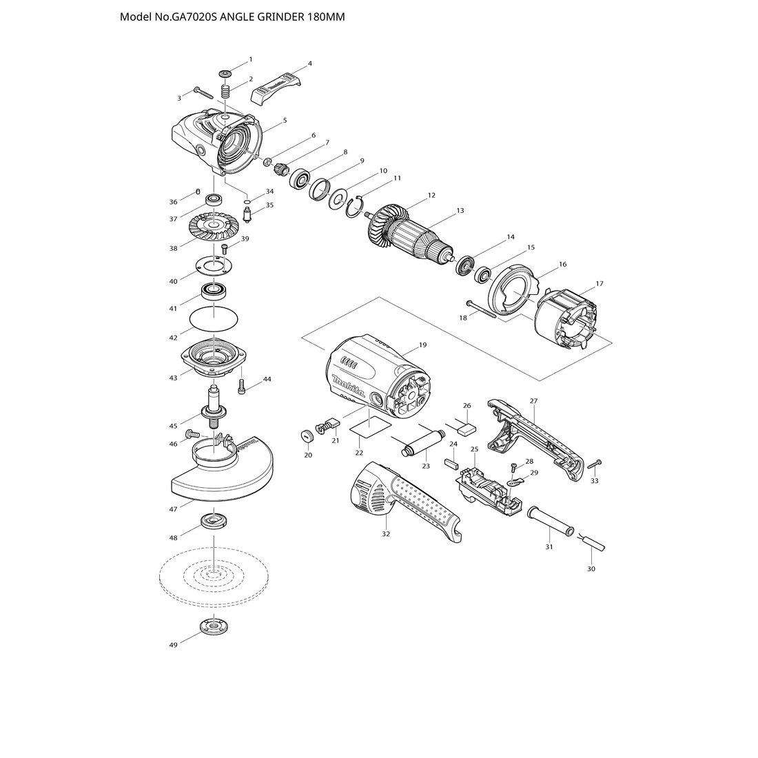 Makita GA7020S — сборочный чертёж, лист 1, деталь 516943-1 поз. 013