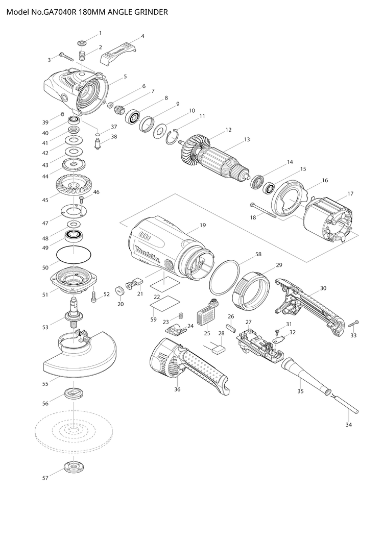 Makita GA7040R — сборочный чертёж, лист 1, деталь 526223-7 поз. 017