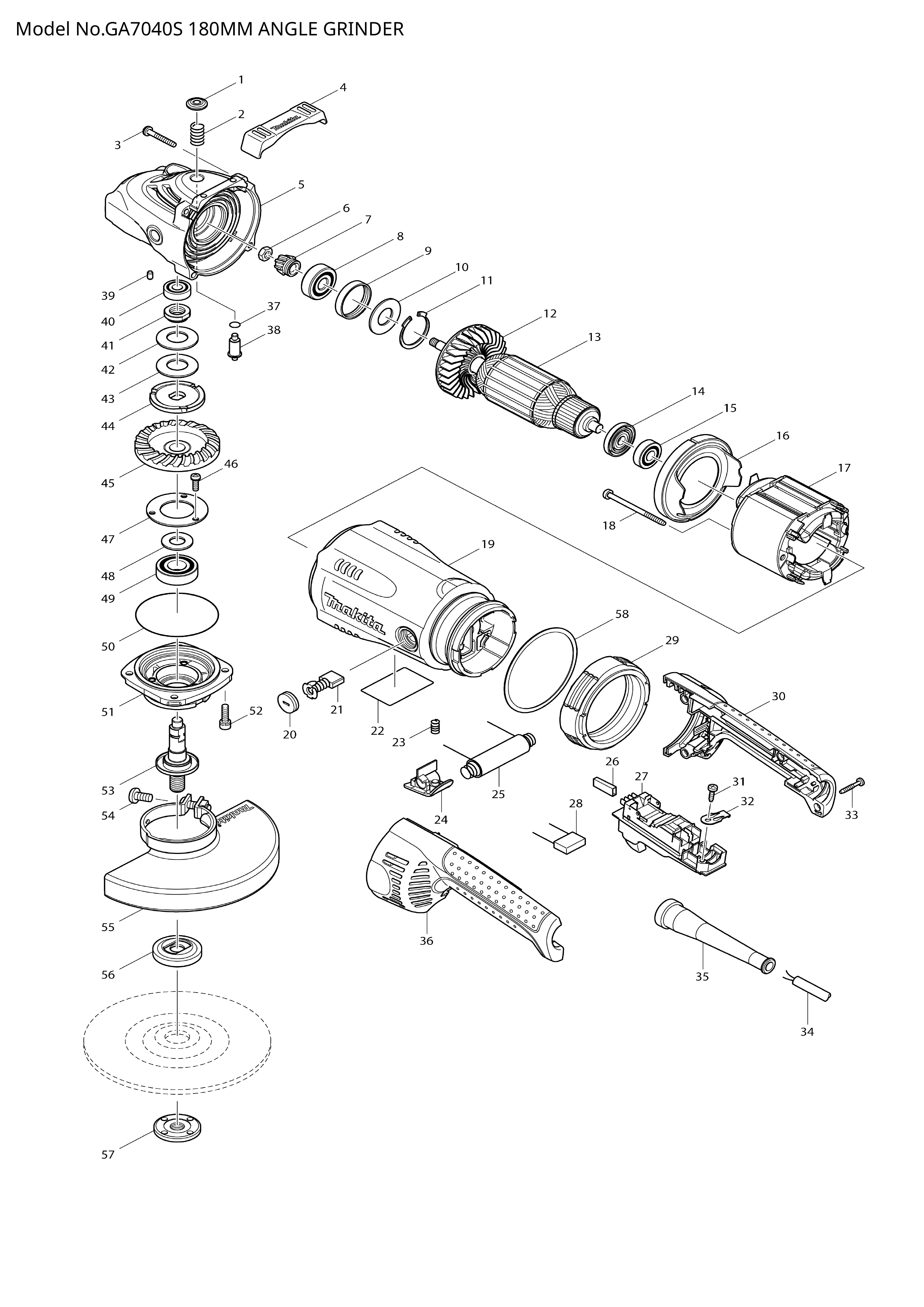 Makita GA7040S — сборочный чертёж, лист 1, деталь 516958-8 поз. 013