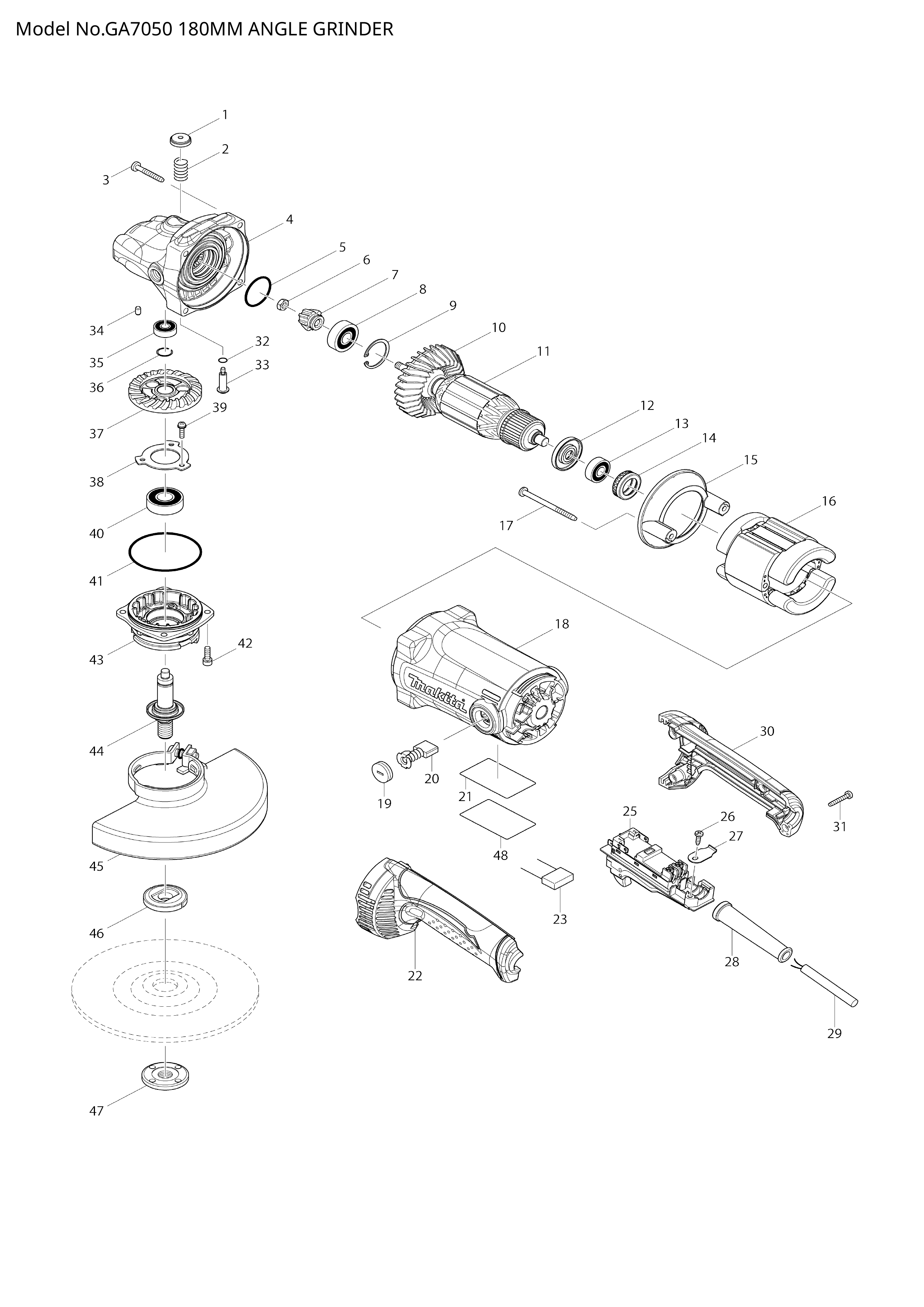 Makita GA7050 — сборочный чертёж, лист 1, деталь 518747-7 поз. 011