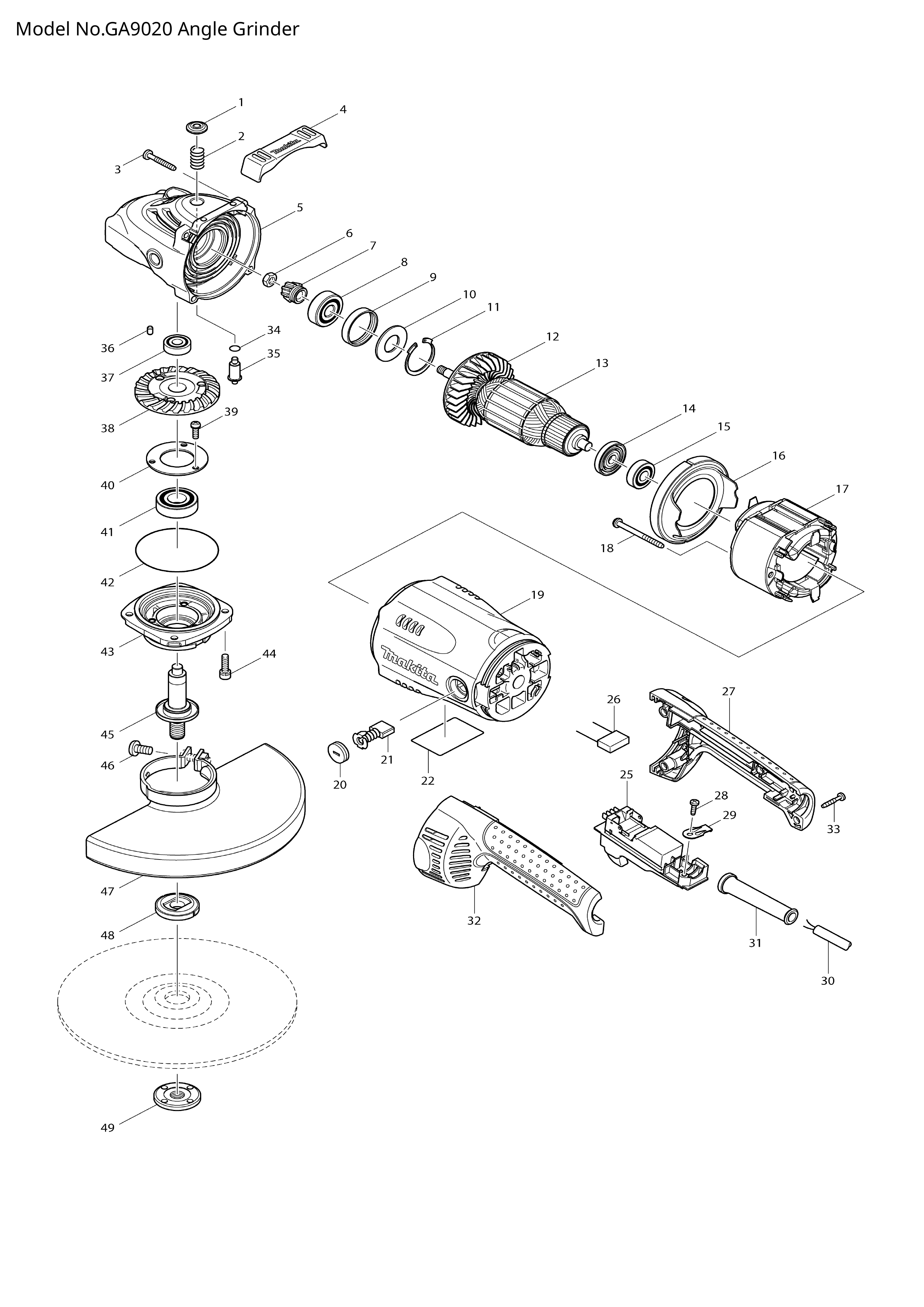Makita GA9020 — сборочный чертёж, лист 1, деталь 651173-8 поз. 025