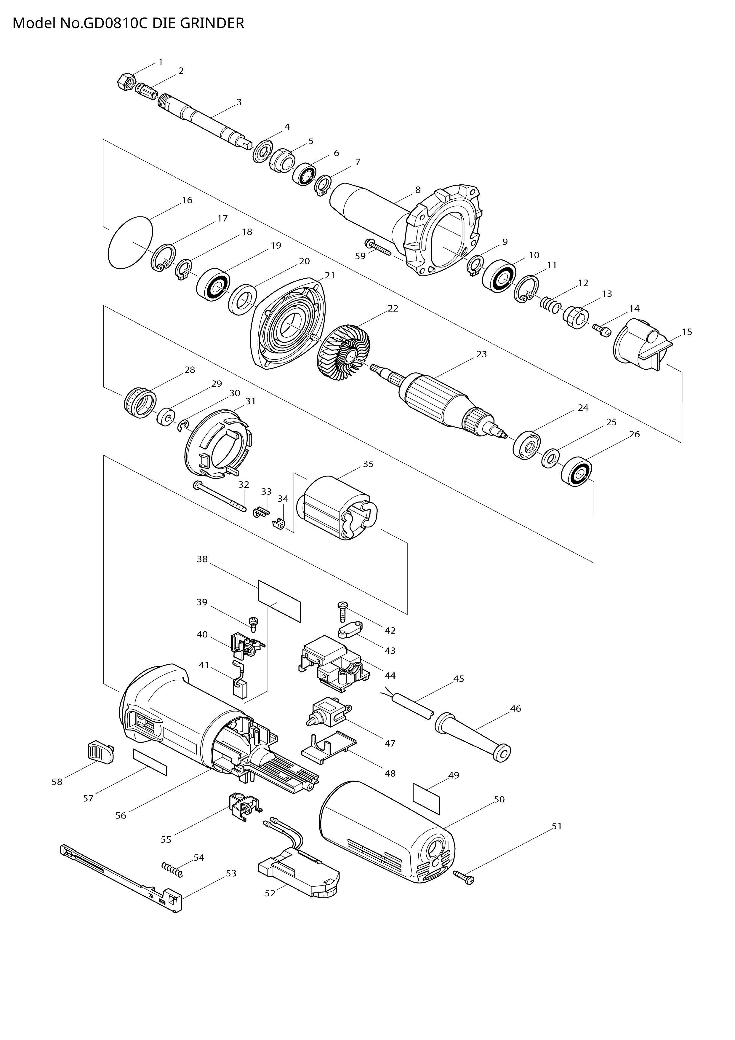 Makita GD0810C — сборочный чертёж, лист 1, деталь 515199-3 поз. 023