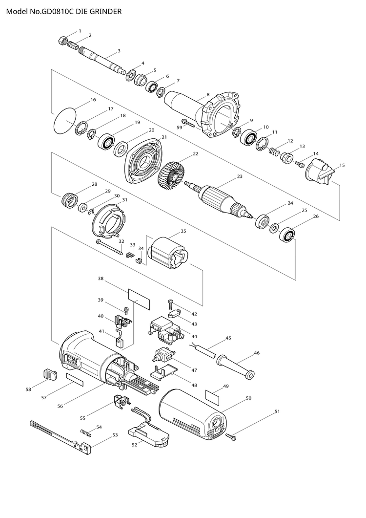 Makita GD0810C — сборочный чертёж, лист 1, деталь 515199-3 поз. 023