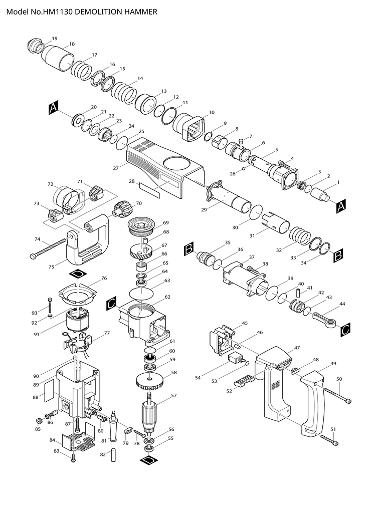 Makita HM1130 — сборочный чертёж, лист 1, деталь 417446-7 поз. 047-1