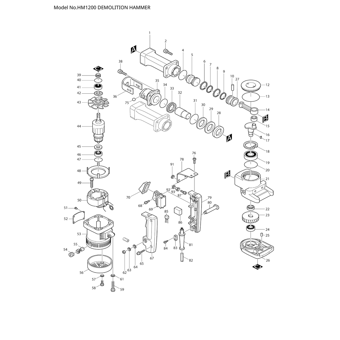 Makita HM1200 — сборочный чертёж, лист 1, деталь 194987-7 поз. 055-1
