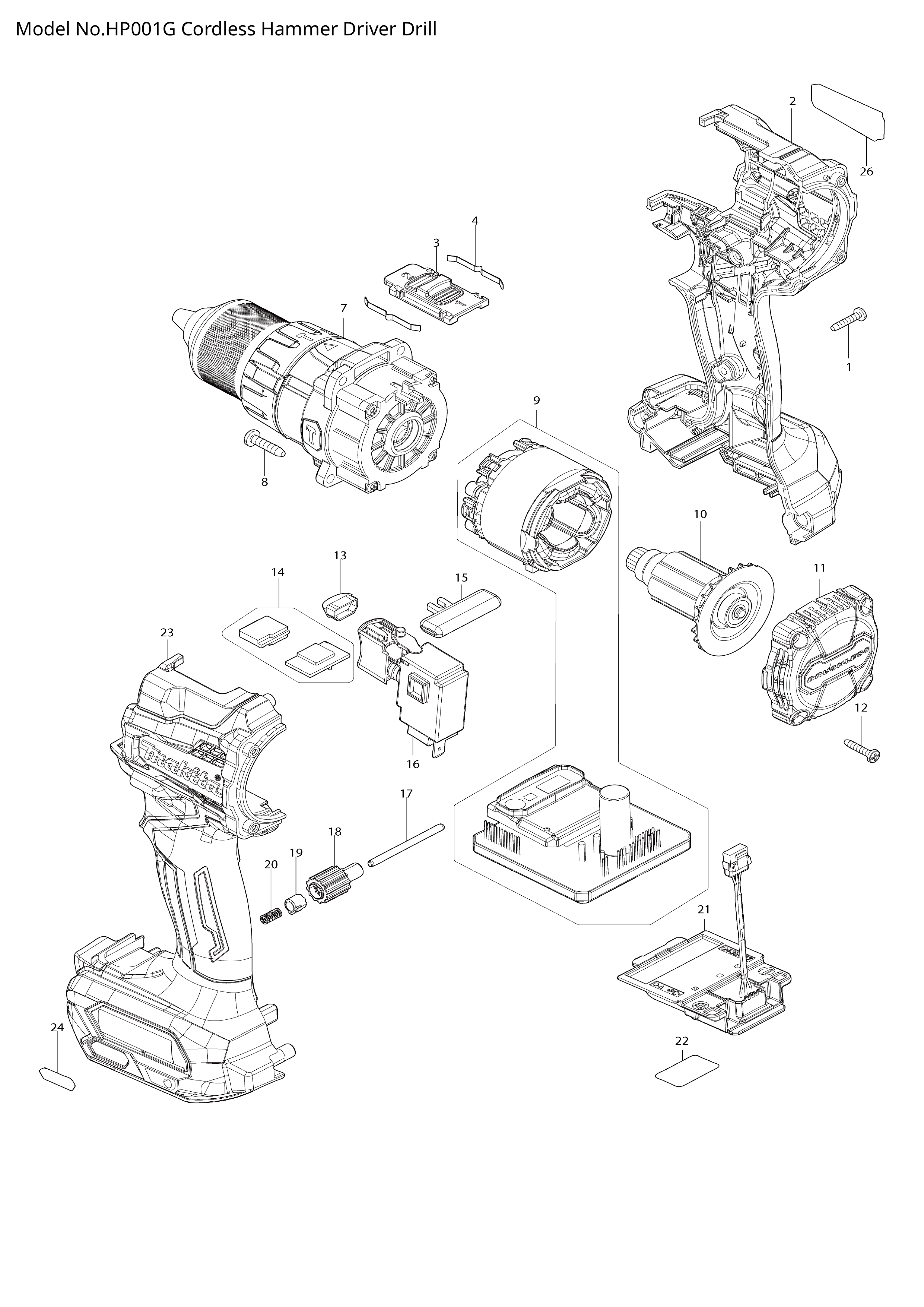 Makita HP001G — сборочный чертёж, лист 1, деталь 122D08-9 поз. A01-1