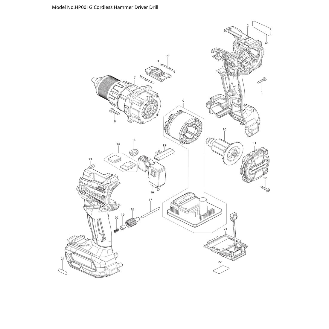 Makita HP001G — сборочный чертёж, лист 1, деталь 122D08-9 поз. A01-1
