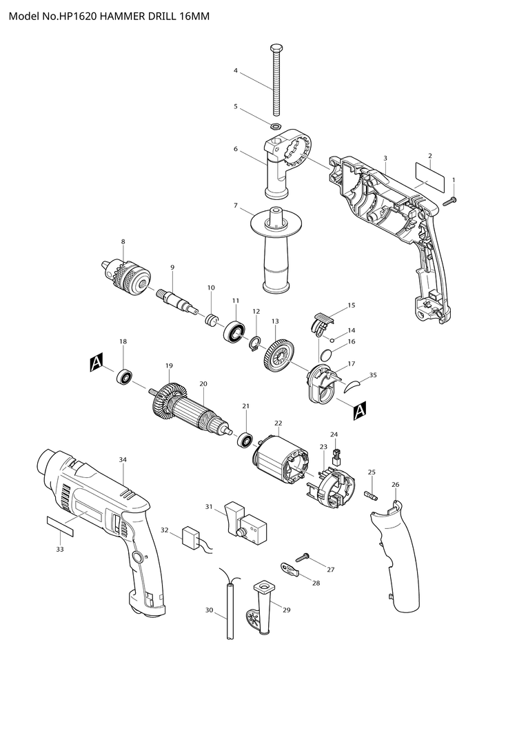 Makita HP1620 — сборочный чертёж, лист 1, деталь 345400-0 поз. 035