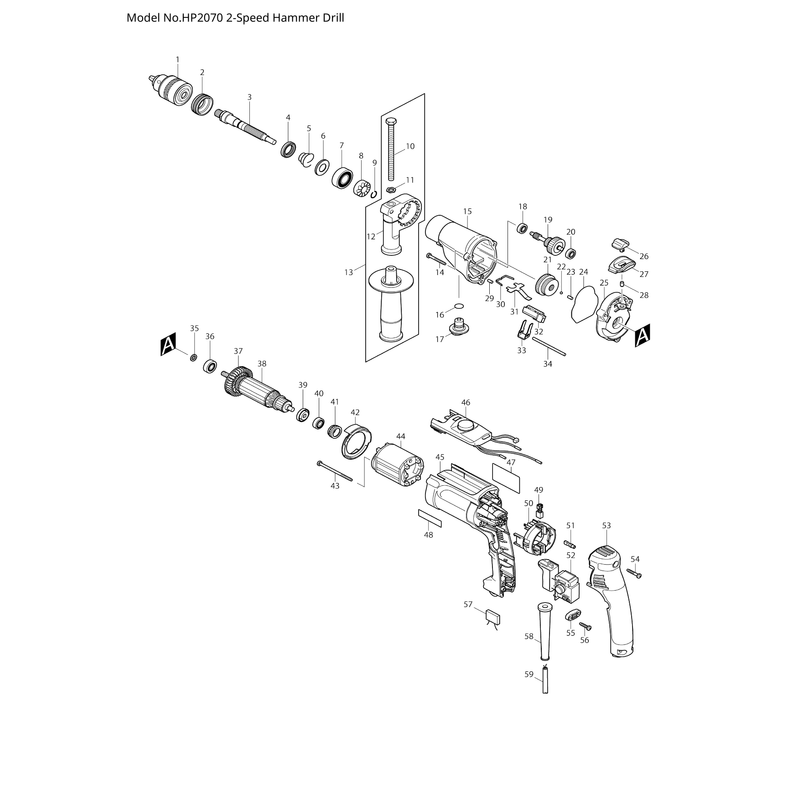 Makita HP2070 — сборочный чертёж, лист 1, деталь 413850-8 поз. 053-1