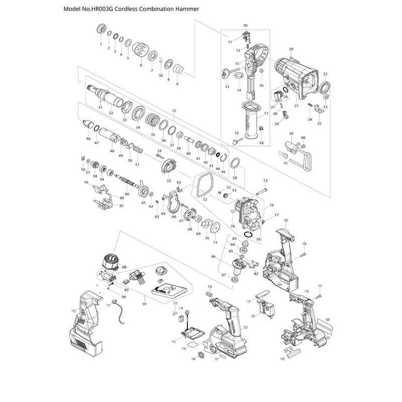 Makita HR003G — сборочный чертёж, лист 1, деталь 620K80-2 поз. 091-1