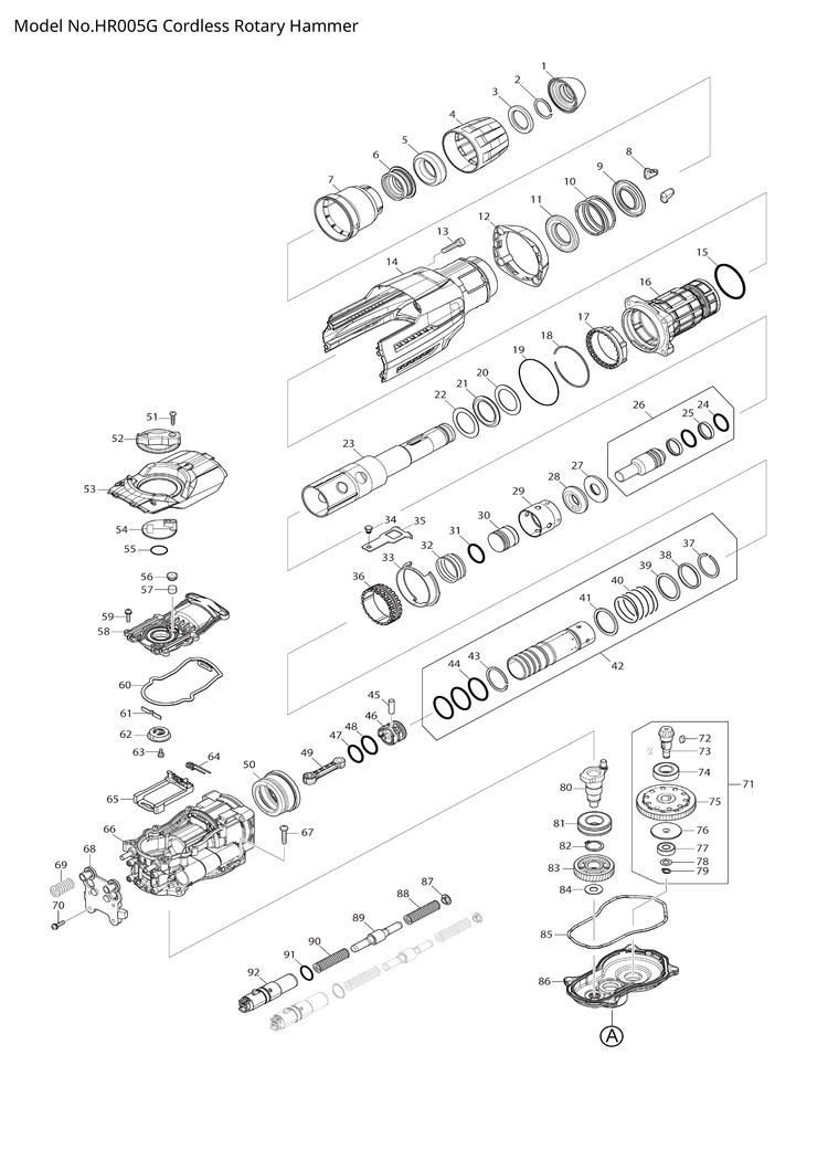 Makita HR005G — сборочный чертёж, лист 1, деталь 140W56-0 поз. 116