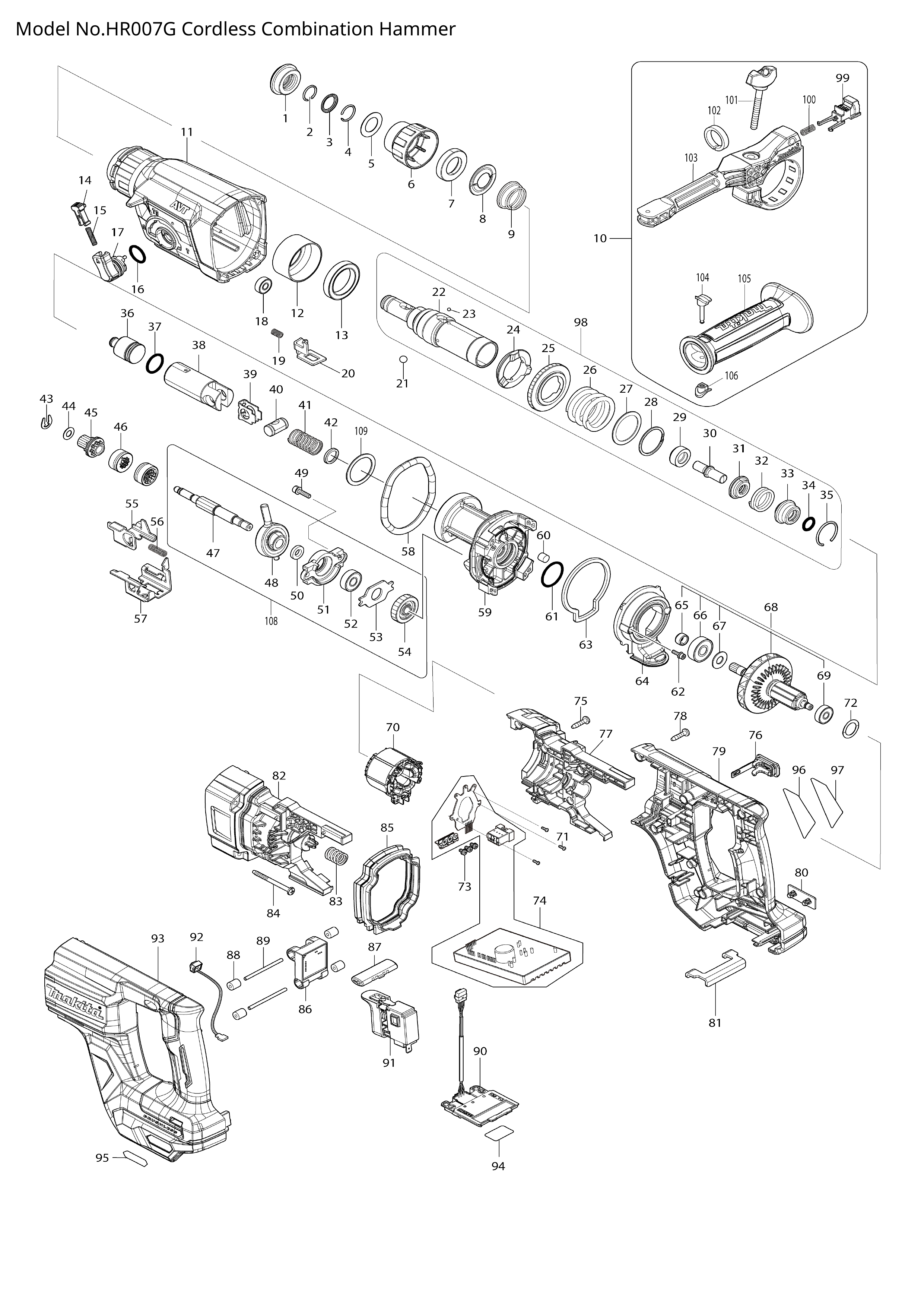 Makita HR007G — сборочный чертёж, лист 1, деталь 232752-7 поз. 041