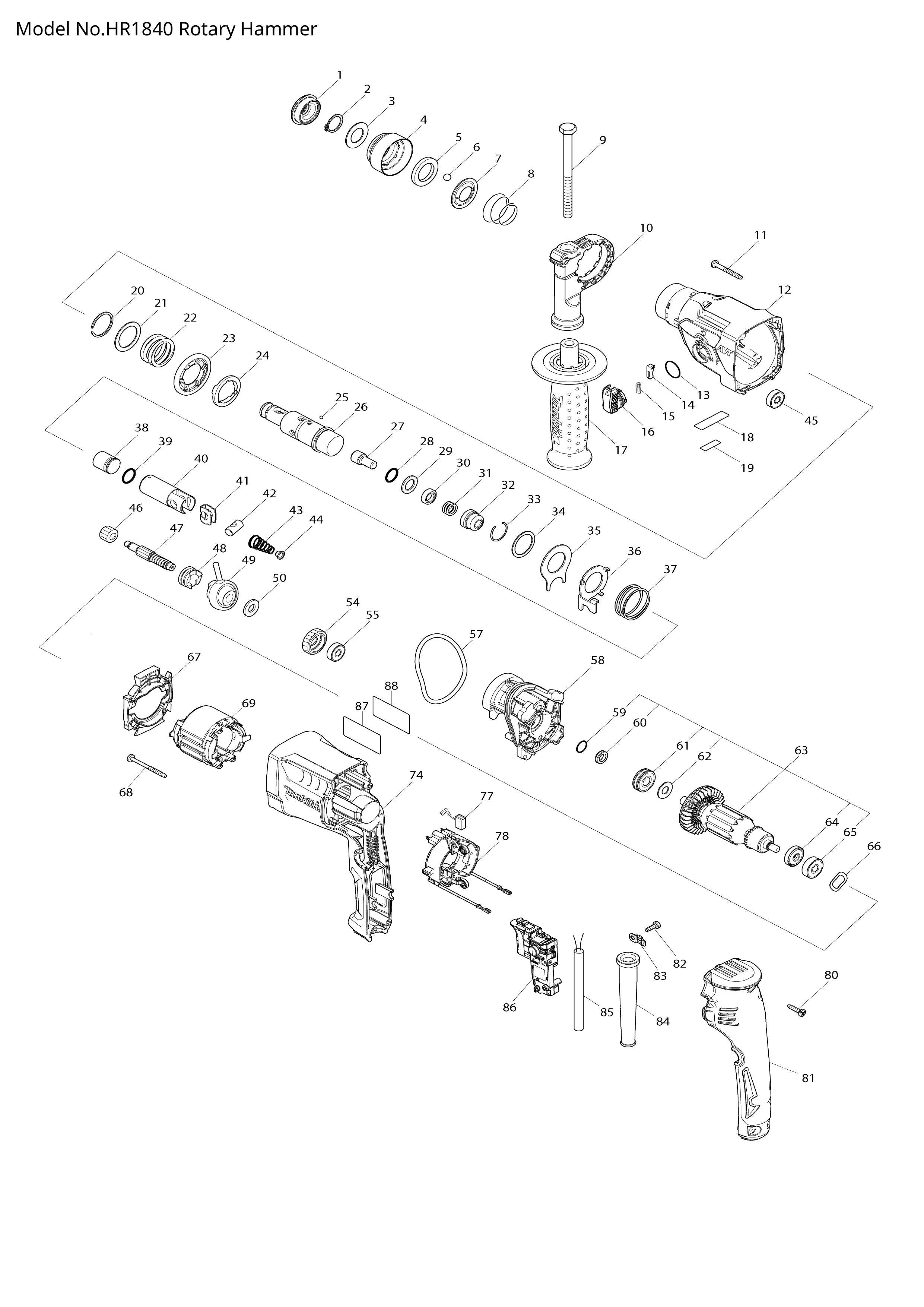Makita HR1840 — сборочный чертёж, лист 1, деталь 651086-3 поз. 086