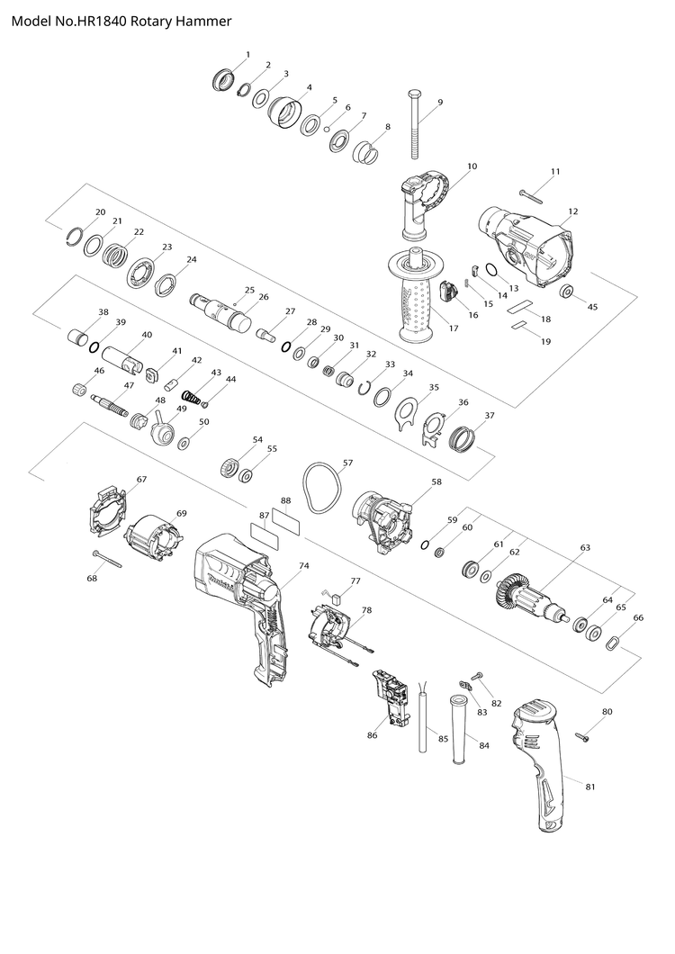 Makita HR1840 — сборочный чертёж, лист 1, деталь 651086-3 поз. 086
