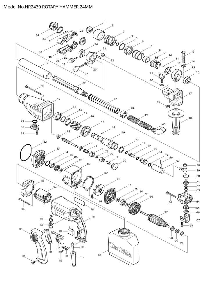 Makita HR2430 — сборочный чертёж, лист 1, деталь 517353-5 поз. 097