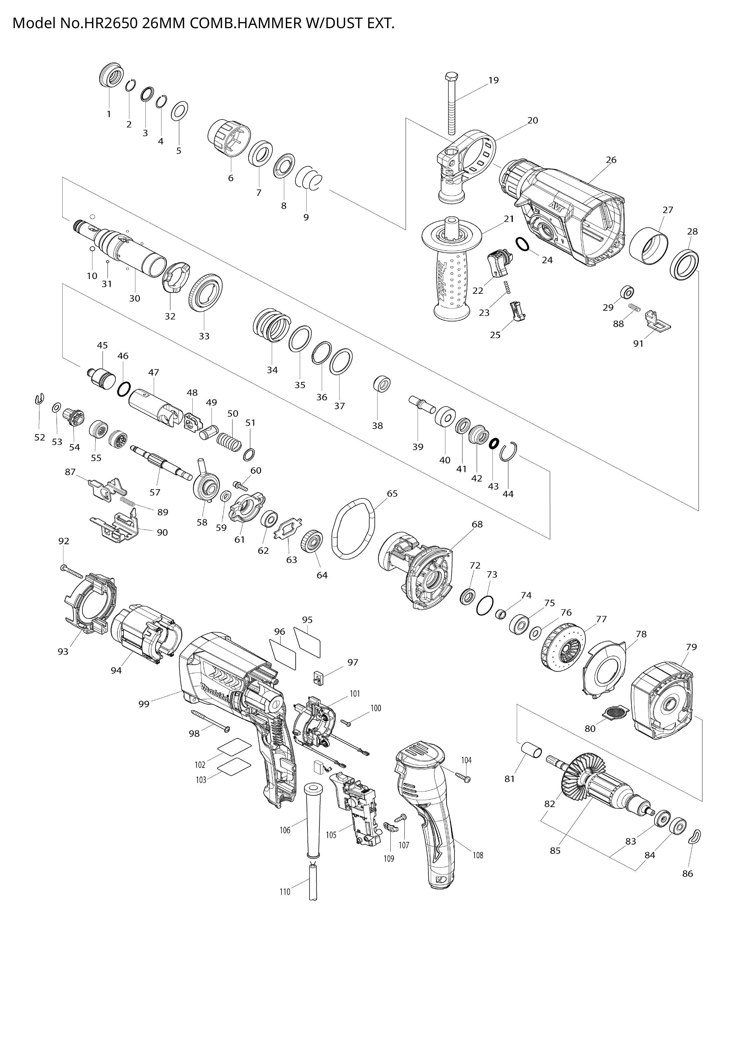 Makita HR2650 — сборочный чертёж, лист 1, деталь 413J60-7 поз. 131-2