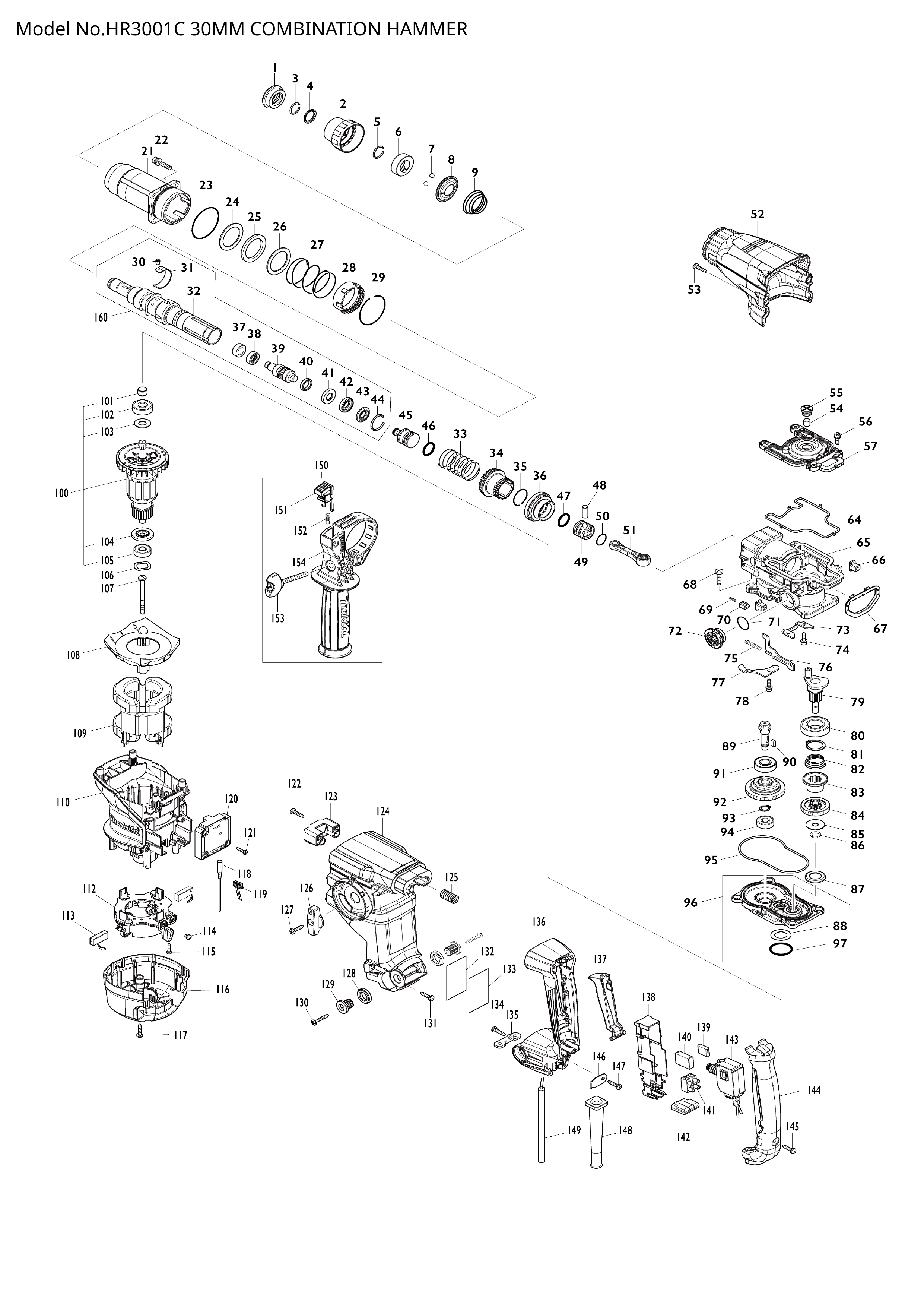 Makita HR3001C — сборочный чертёж, лист 1, деталь 459166-7 поз. 144