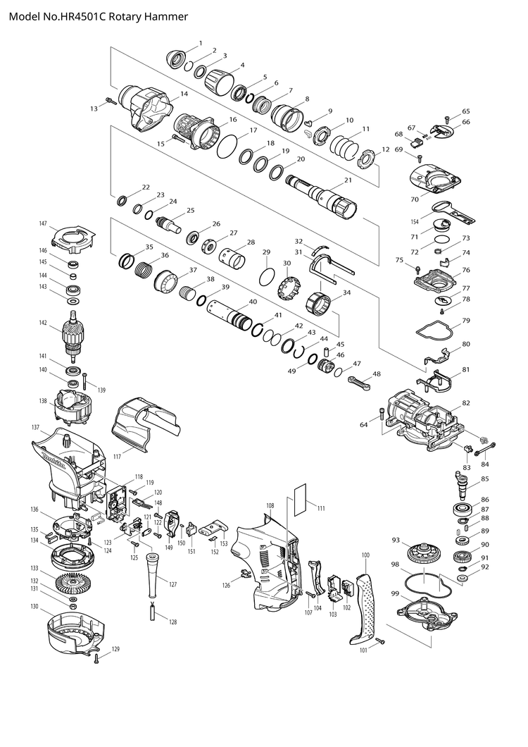 Makita HR4501C — сборочный чертёж, лист 1, деталь 631751-0 поз. 118
