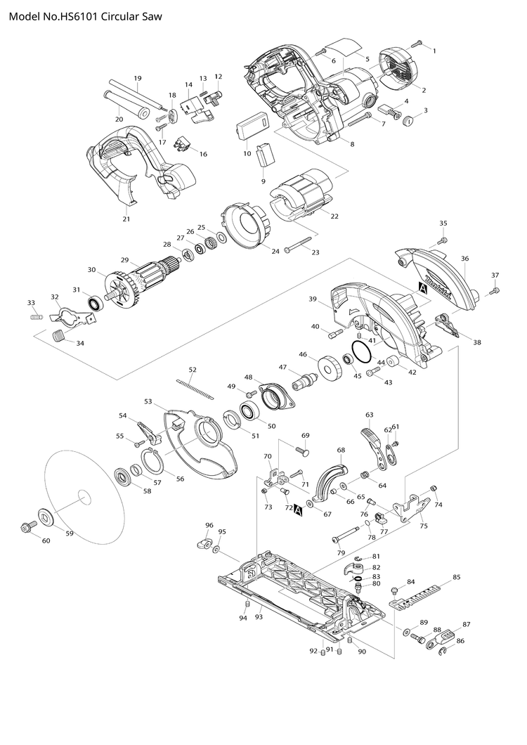 Makita HS6101 — сборочный чертёж, лист 1, деталь 651362-5 поз. 014