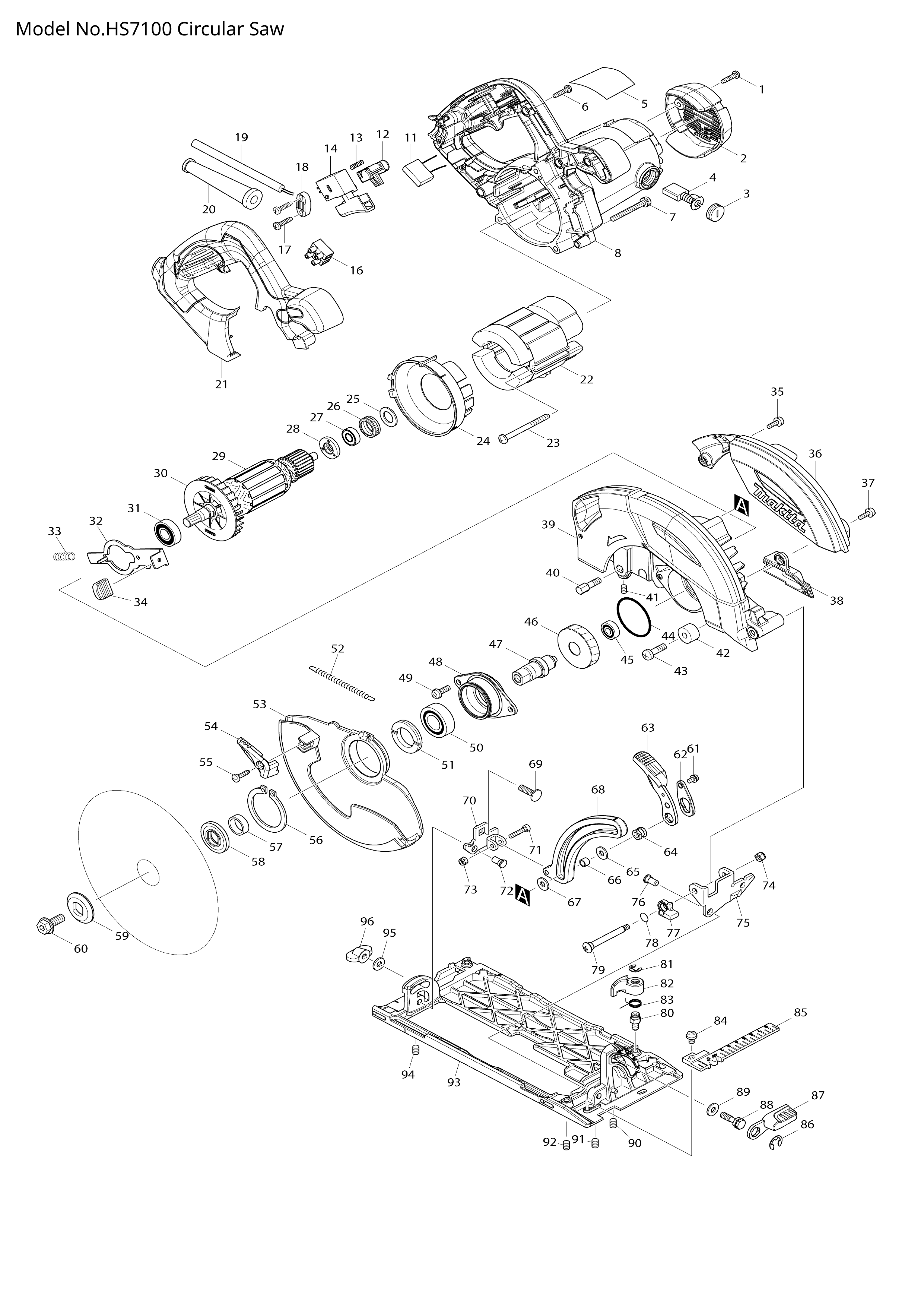 Makita HS7100 — сборочный чертёж, лист 1, деталь 513833-9 поз. 029