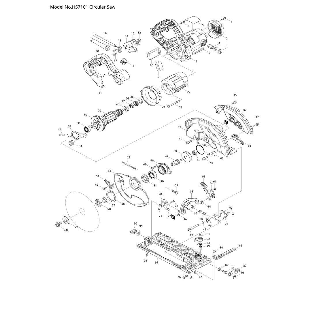 Makita HS7101 — сборочный чертёж, лист 1, деталь 513828-2 поз. 029