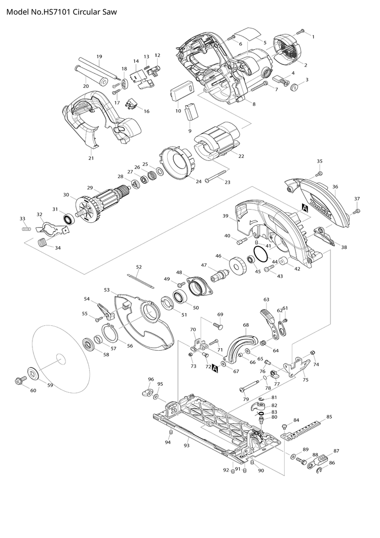 Makita HS7101 — сборочный чертёж, лист 1, деталь 513828-2 поз. 029