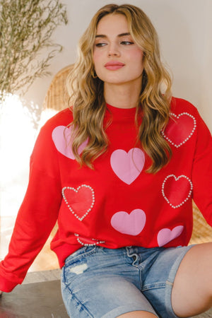 Heart Pattern With Pearl Embellished Sweatshirts