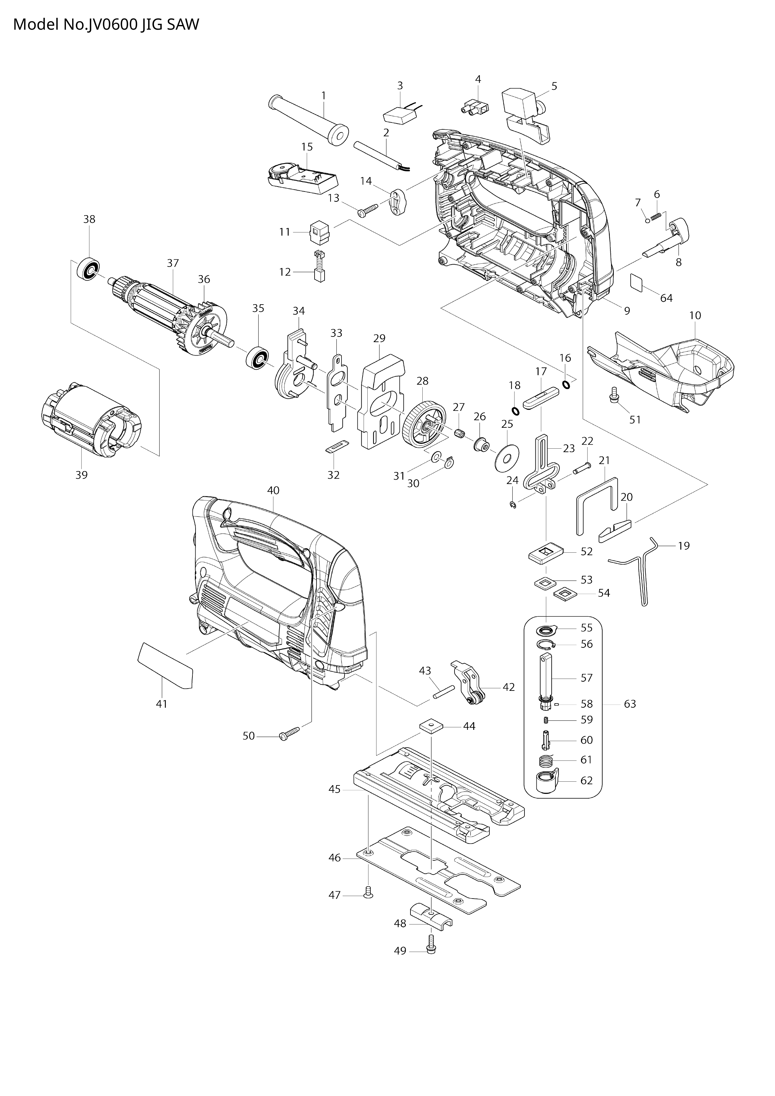 Makita JV0600 — сборочный чертёж, лист 1, деталь 518871-6 поз. 037