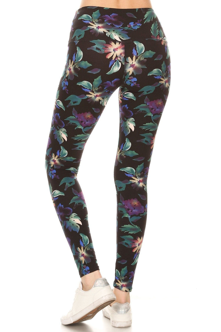 Long Yoga Style Banded Lined Floral Printed Knit Legging With High Waist