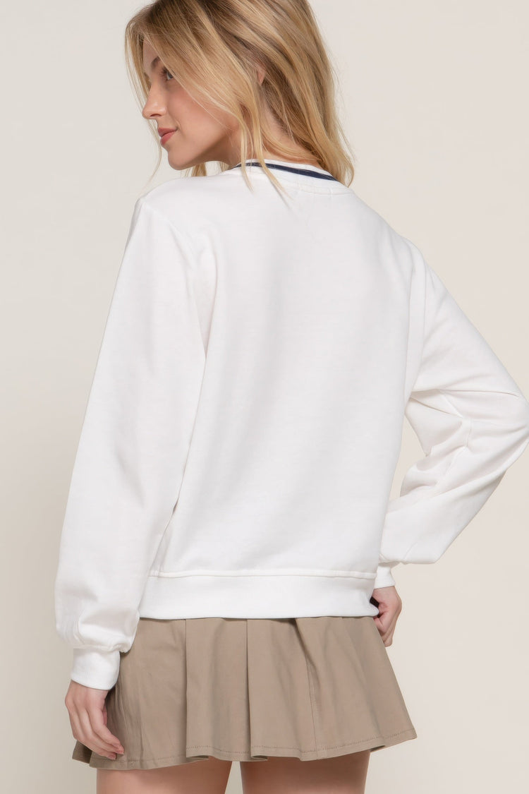 Long slv v-neck embroidered sweatshirt