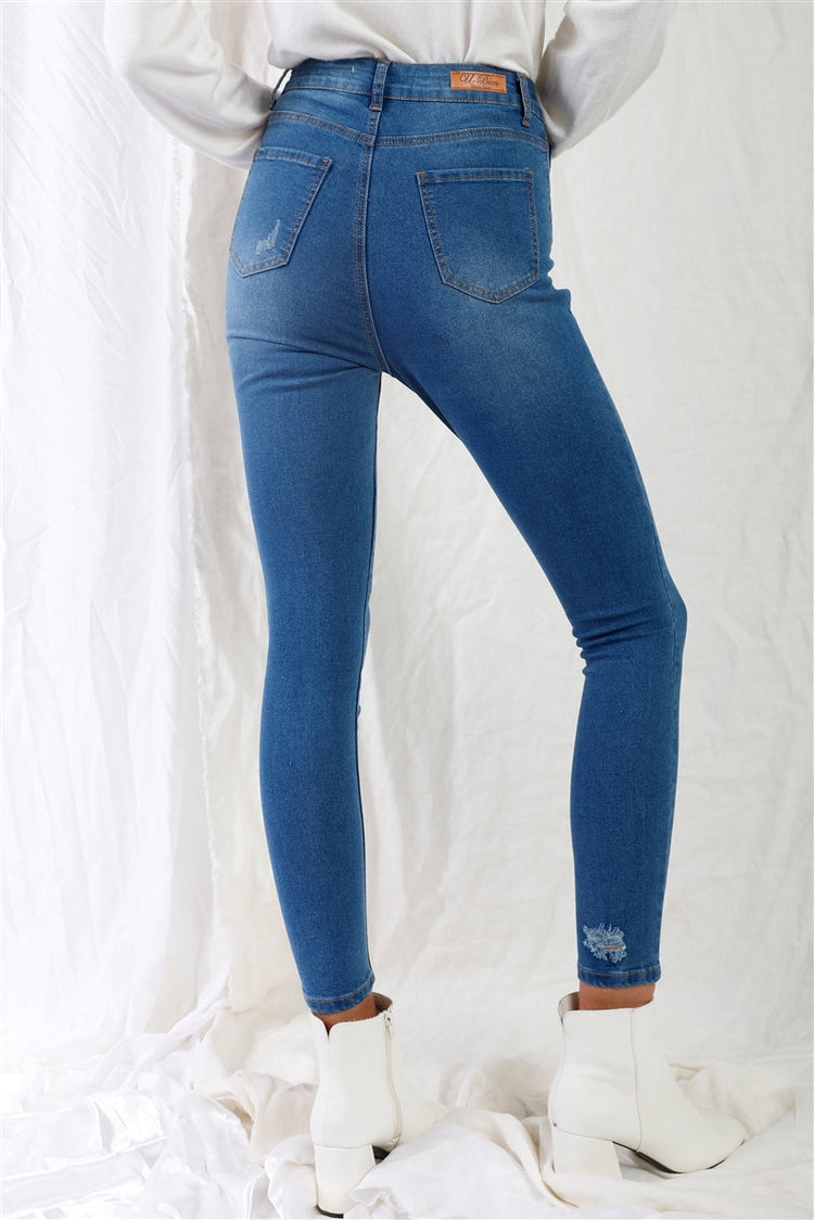 Mid Blue High-waisted With Rips Skinny Denim Jeans