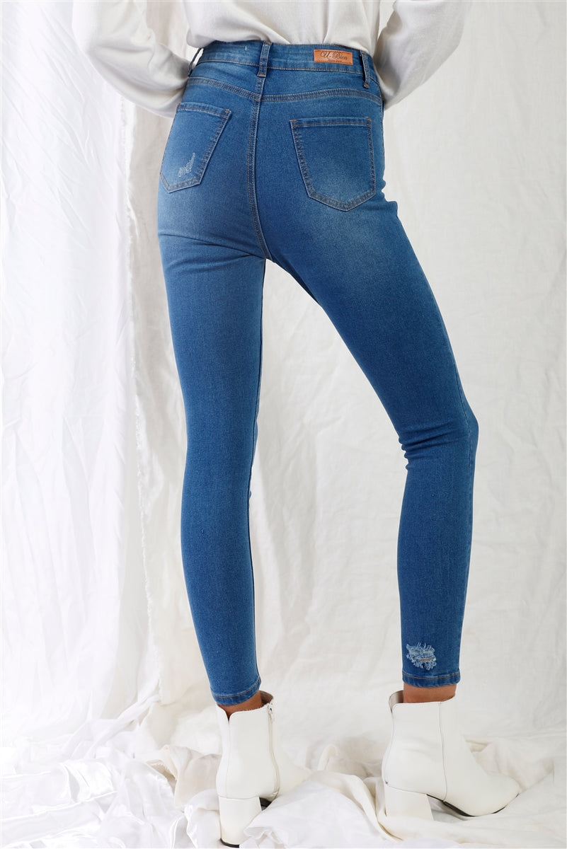 Mid Blue High-waisted With Rips Skinny Denim Jeans