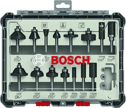 New Genuine Bosch 2607017471 Mixed Router Bit Sets, 15-Pieces