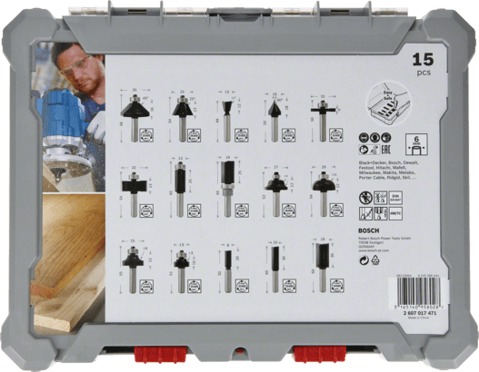 New Genuine Bosch 2607017473 Mixed Router Bit Sets, 15-Pieces For hand-held