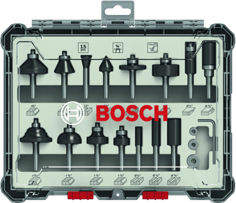 New Genuine Bosch 2607017473 Mixed Router Bit Sets, 15-Pieces For hand-held