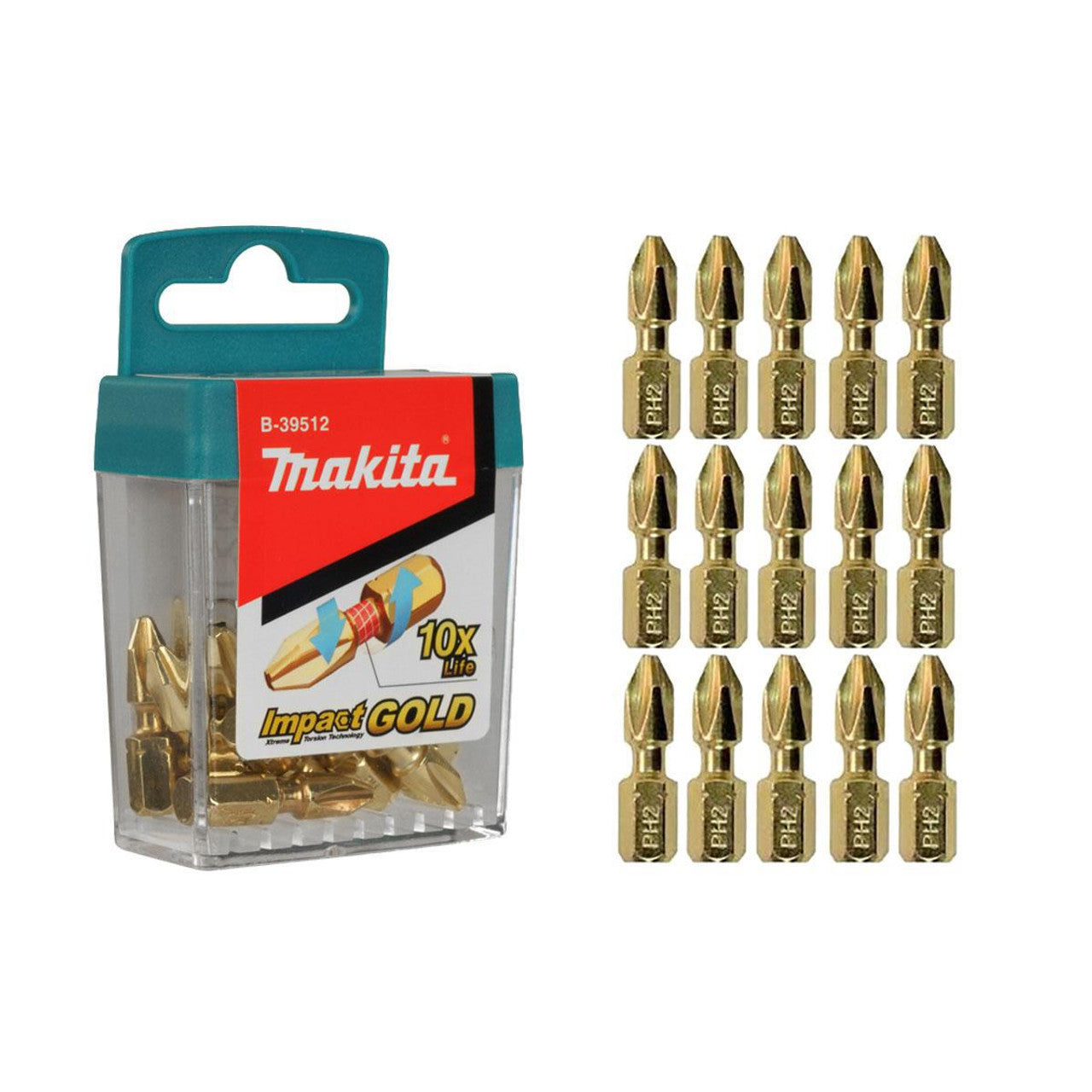 New Genuine Makita B-39512 Impact Gold Bit PH2 25mm 1'' Torsion Pack of 15 Bits