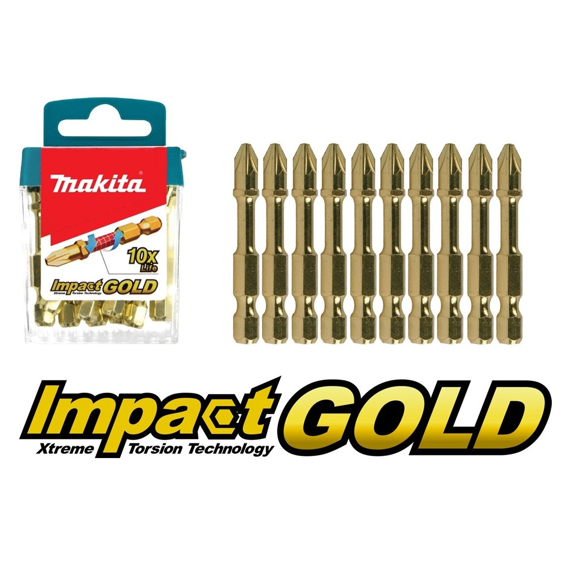 New Makita B-39540 Impact Gold PZ2 50mm Screwdriver Bit Set (1pack=10pcs)