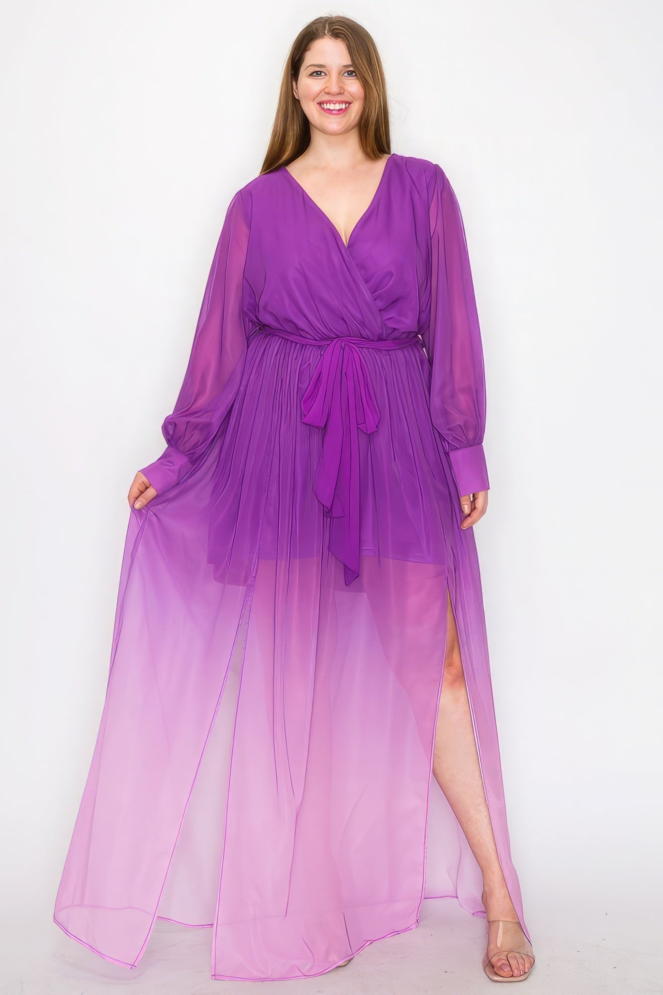 Ombre Chiffon Wrap Front Long Sleeve Tie Waist Slit Front Maxi Dress