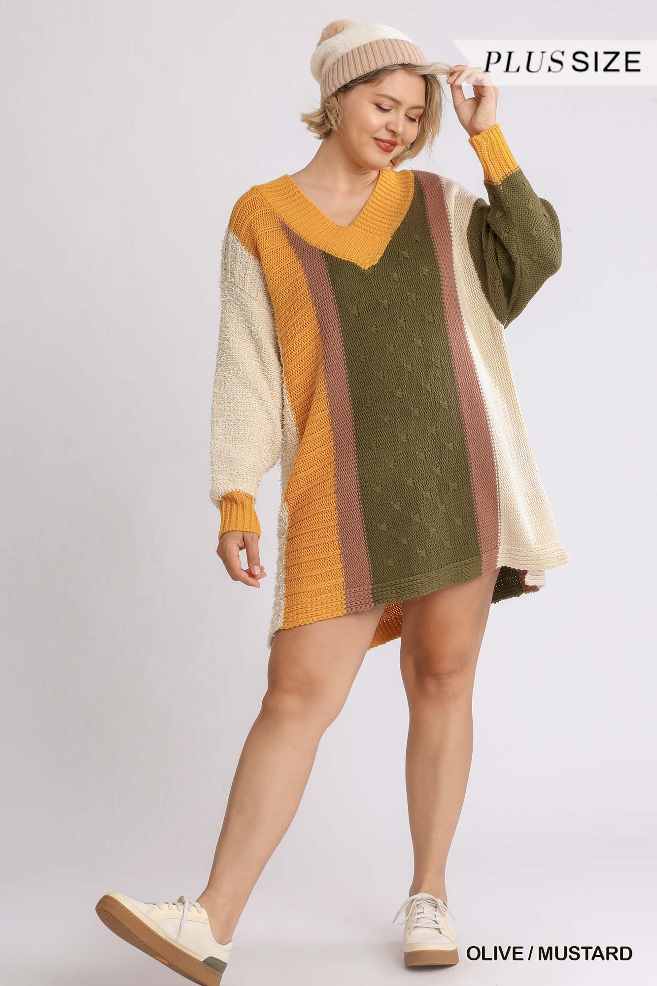 Oversized Multicolor BouclГ© V-neck Pullover Sweater Dress With Side Slit