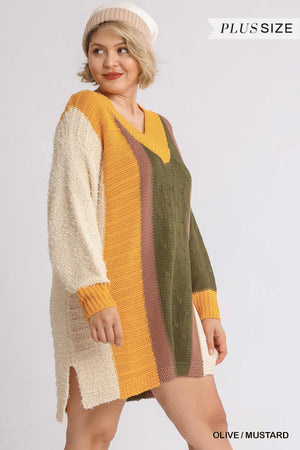 Oversized Multicolor BouclГ© V-neck Pullover Sweater Dress With Side Slit