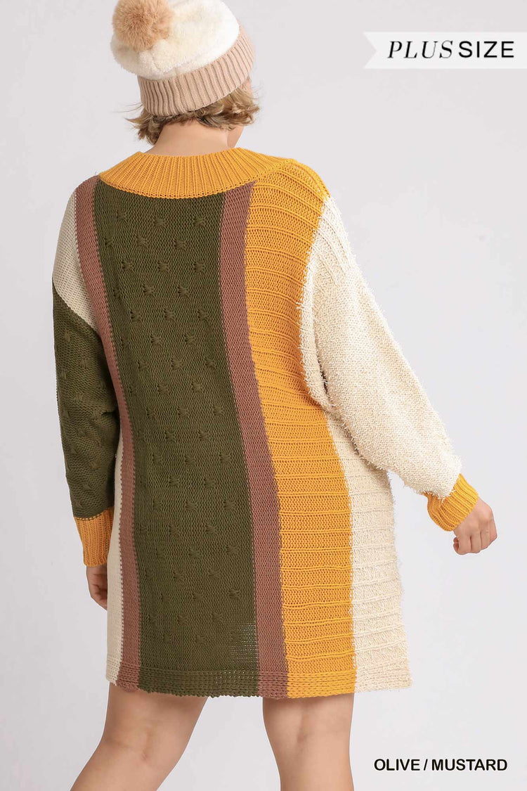 Oversized Multicolor BouclГ© V-neck Pullover Sweater Dress With Side Slit