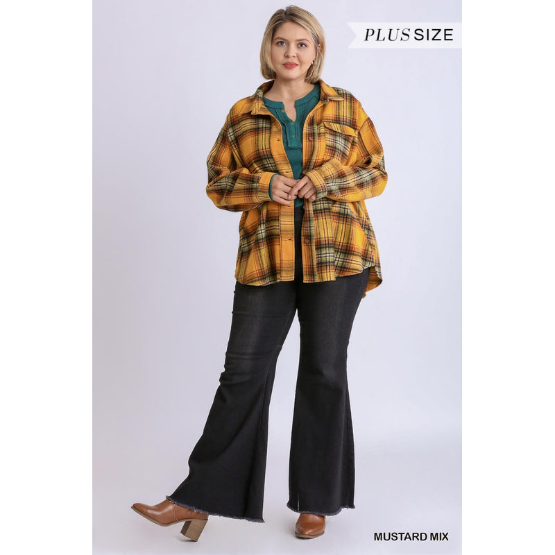 Plaid Collar Button Down Overshirt With Front Pockets