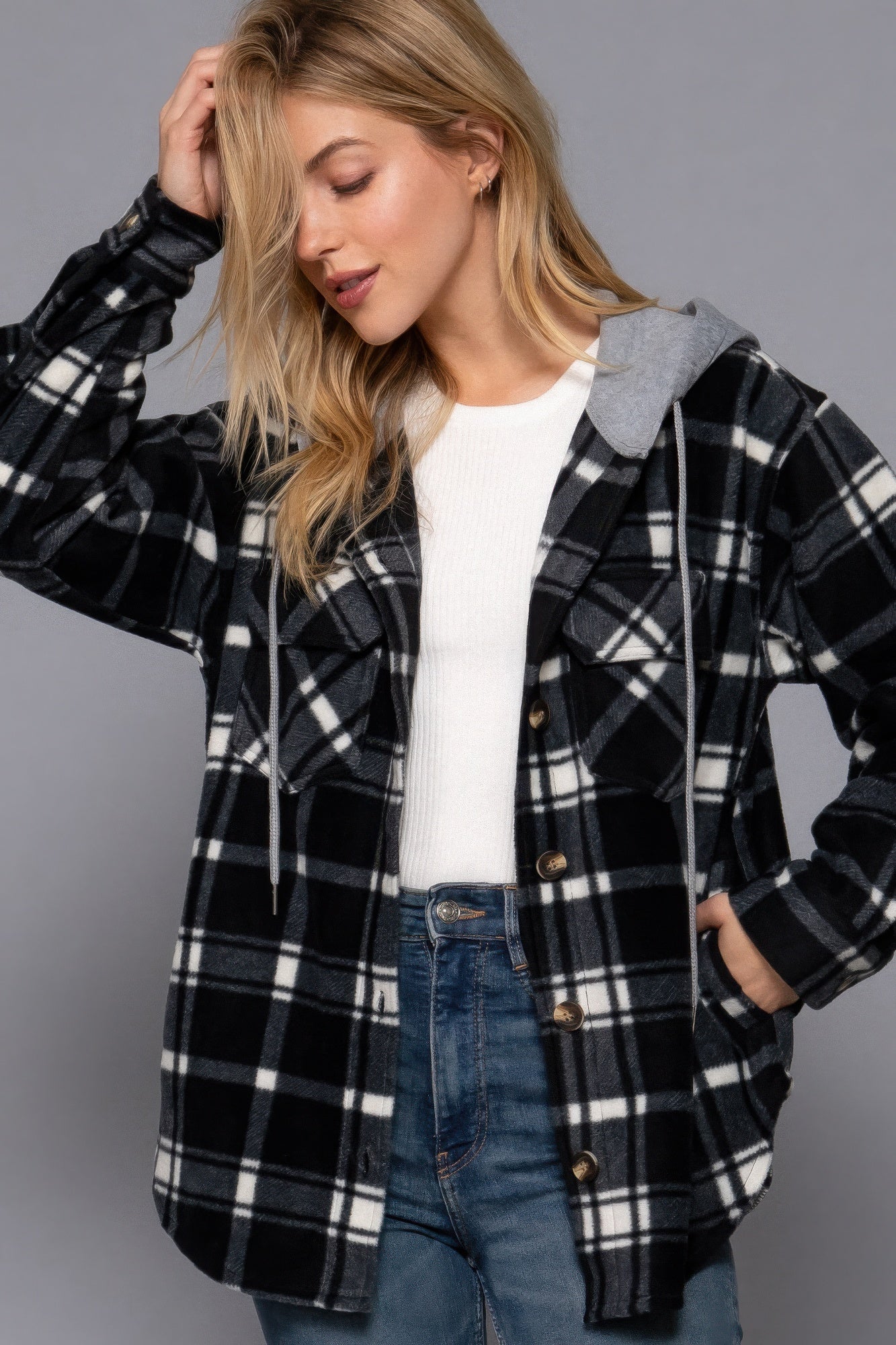 Plaid Print Hoodie Fleece Jacket