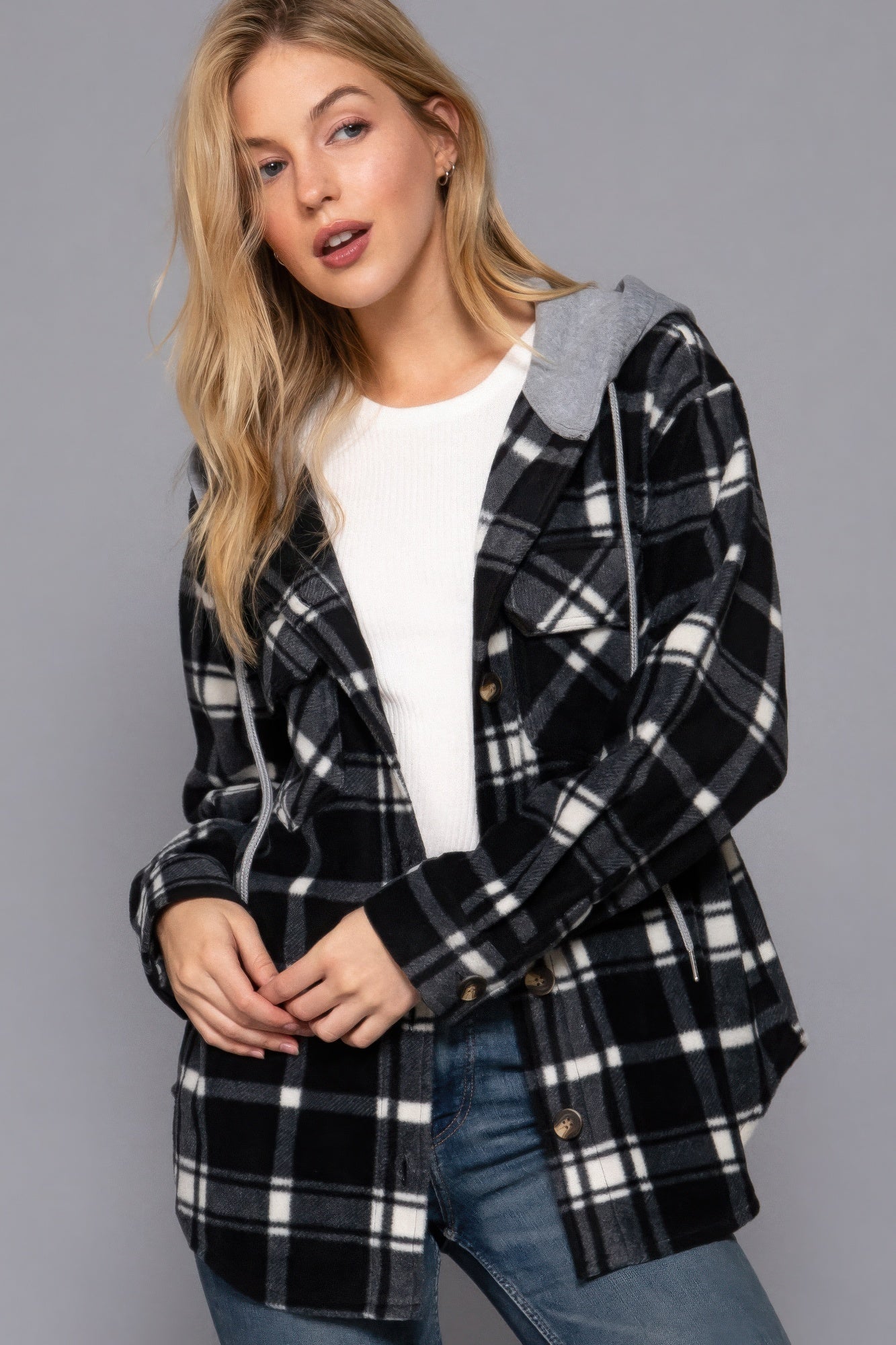 Plaid Print Hoodie Fleece Jacket